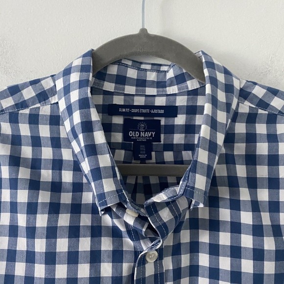 Old Navy Slim Fit Blue White Check Collared Button Down Men's Shirt Size XXL 2XL - Picture 2 of 6